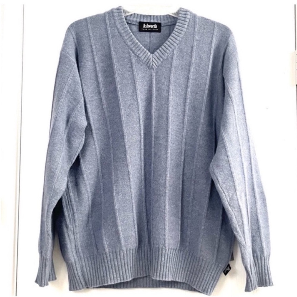 Ashworth Merino Angora Men's Light Gray V-Neck Ribbed Sweater Size M